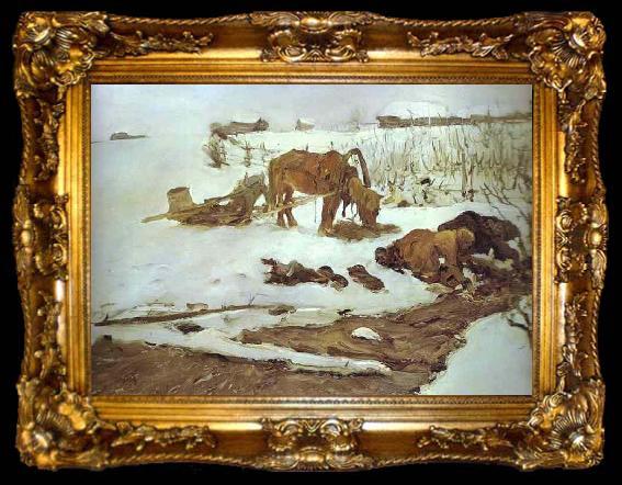 framed  Valentin Serov Rinsing Linen. On the River. Study, ta009-2